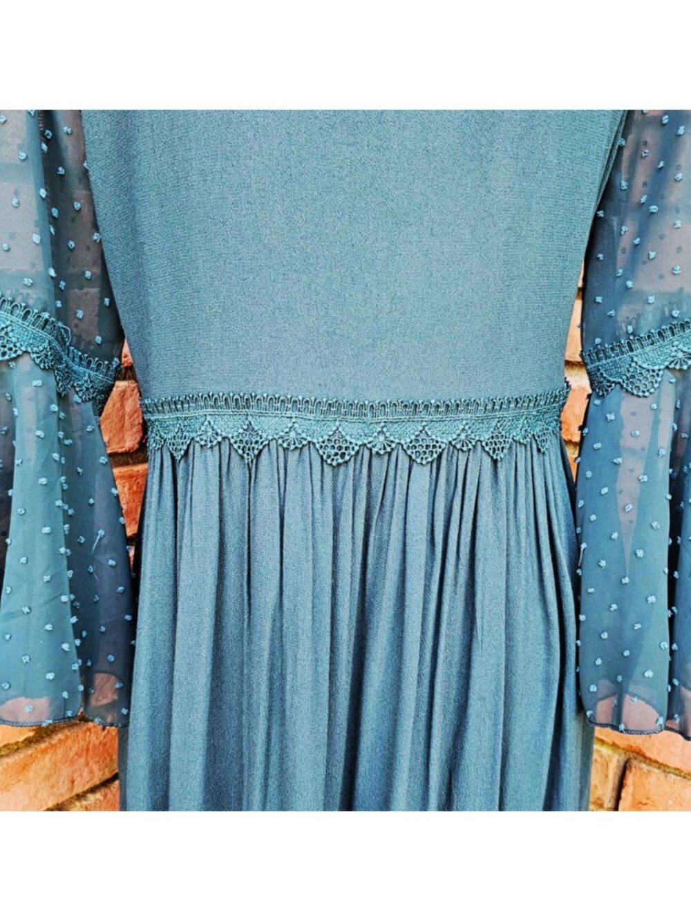Altar'd State Brand Dress. Teal Green Floral Embroidered Swiss Dot. Size Small - Picture 7 of 13